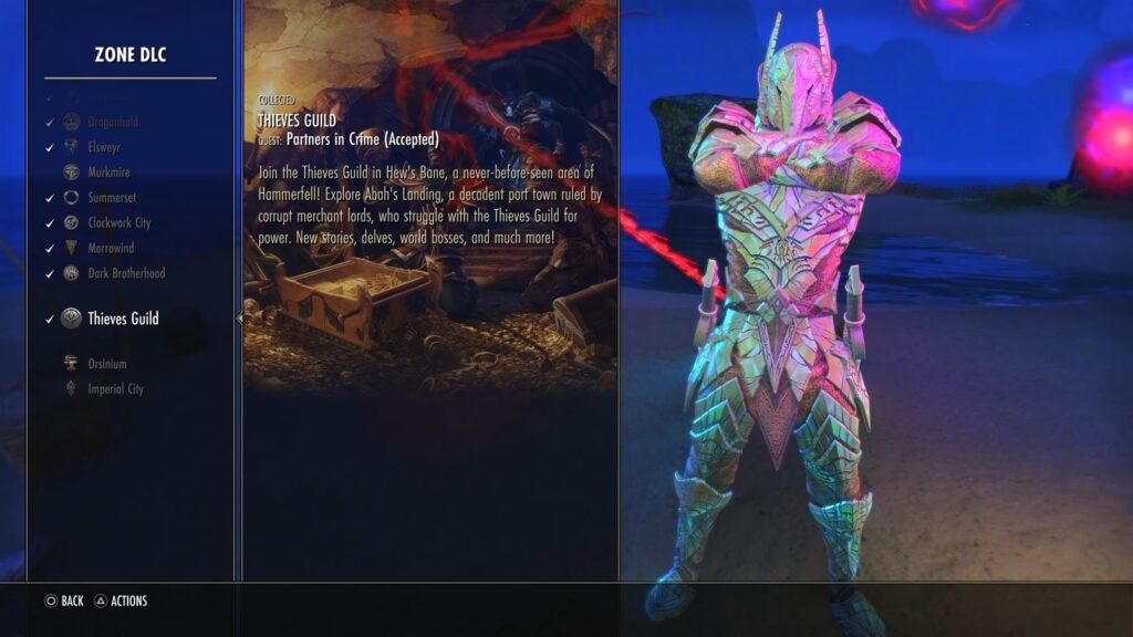 Screenshot of the Thieves Guild DLC listing under Zone DLC in The Elder Scrolls Online.