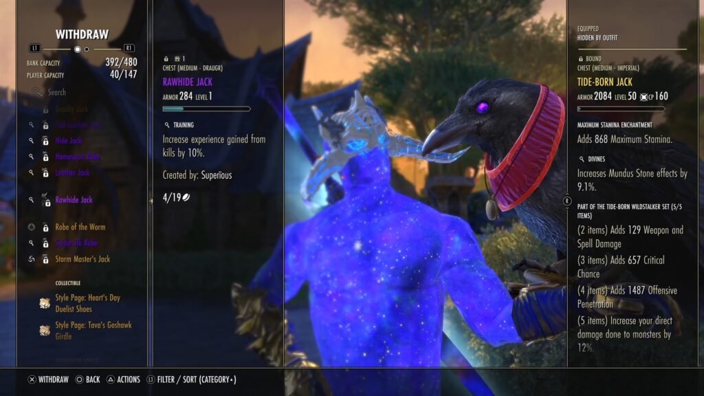 Screenshot displaying Level 1 Training Gear in The Elder Scrolls Online, specifically a Level 1 Rawhide Jack, with a player character interacting with the Banking Assistant Baron Jangleplume in the background.