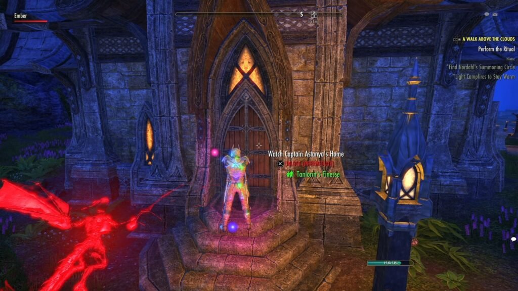 Screenshot of the door of Watch Captain Astanya's home in Vulkhel Guard, showcasing the trespassing function in The Elder Scrolls Online.