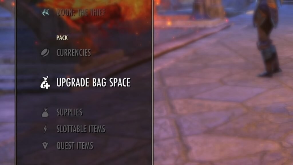 Close-up screenshot of the Upgrade Bag Space option within the Inventory in The Elder Scrolls Online.