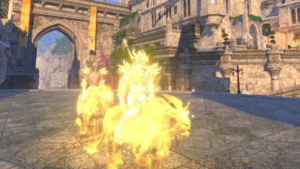 Image of a player and his Companion wearing Anu White Dye in The Elder Scrolls Online; both are riding the Blessed Highmane Lion Radiant Apex Mount.