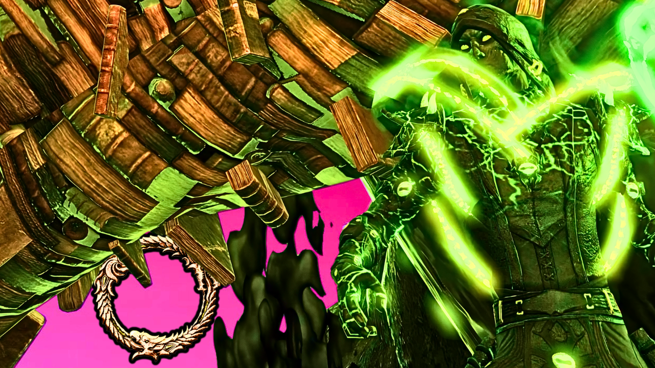 Image of an Arcanist player character in The Elder Scrolls Online, with floating books in Apocrypha in the background.