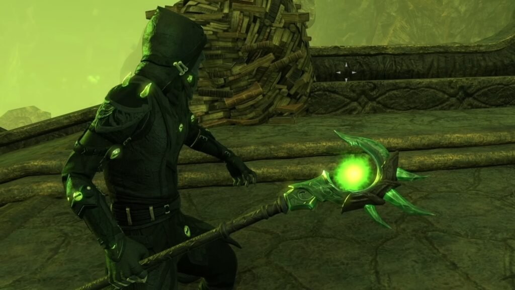Screenshot of the Necrom Armiger staff style in The Elder Scrolls Online, held by an Arcanist character.