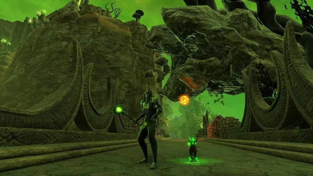 Screenshot of an Arcanist standing on a bridge in Apocrypha, holding a Necrom Armiger staff and accompanied by a Chaotic Creatia Cub non-combat pet.