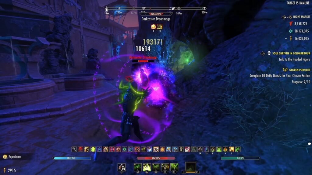 Screenshot of an Arcanist using Pragmatic Fatecarver against an enemy in the Night Market Event Zone.