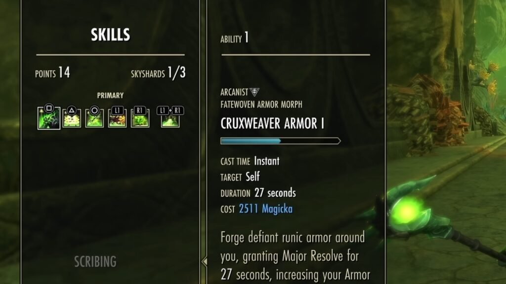 Screenshot of the tooltip for Arcanist Class Skill Cruxweaver Armor.