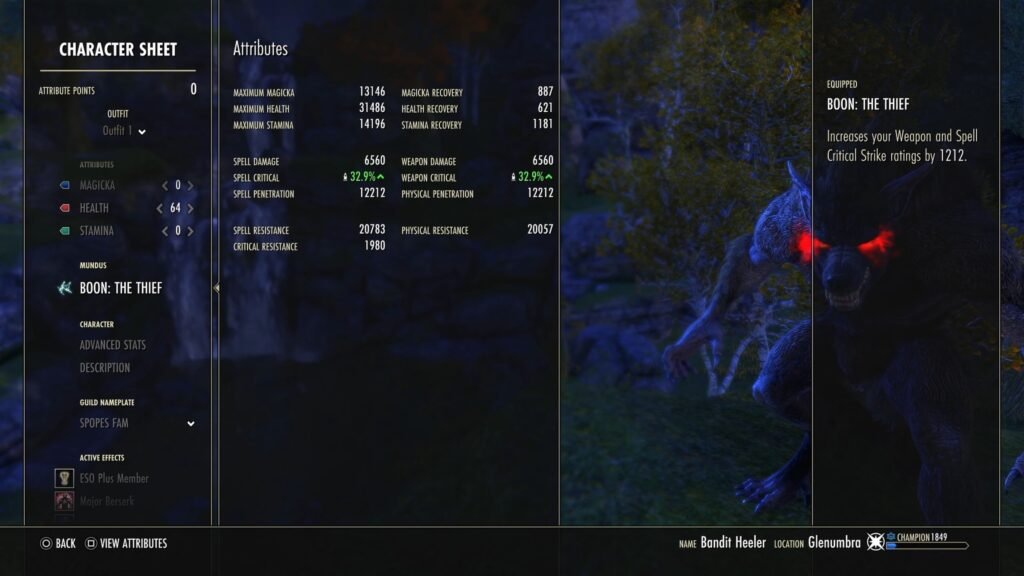Screenshot of the Character Sheet in The Elder Scrolls Online with a player Werewolf in the background.