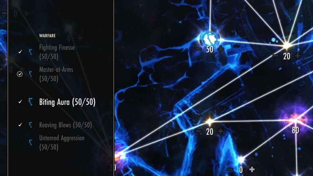 Screenshot of active abilities in the Warfare Champion Point Tree in The Elder Scrolls Online, highlighting Fighting Finesse, Master-at-Arms, Biting Aura, and Reaving Blows.