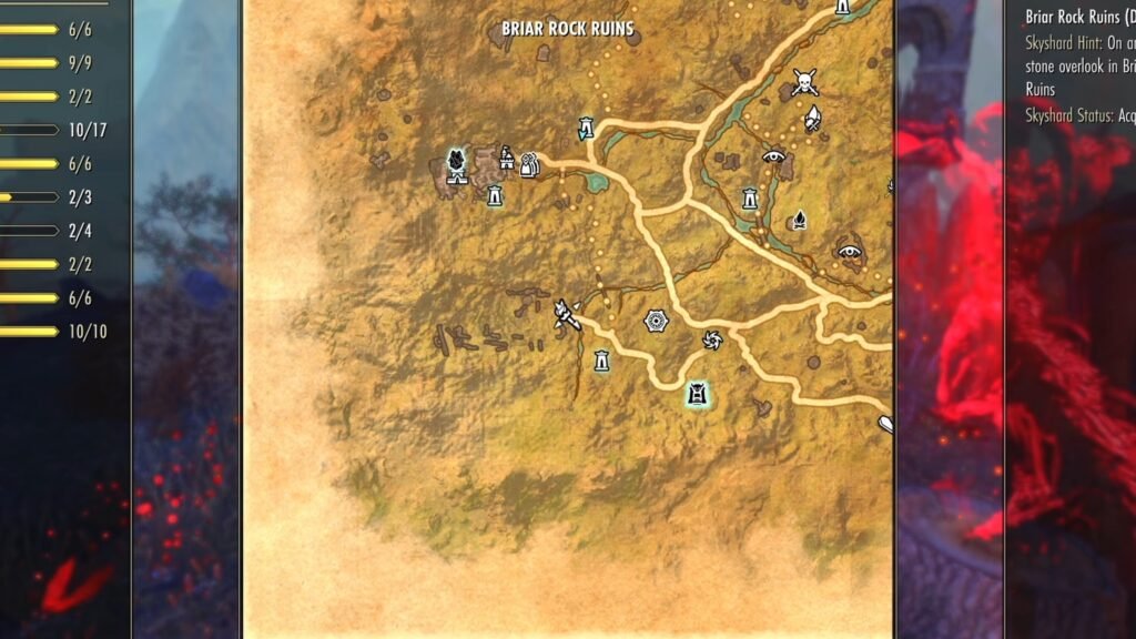 Screenshot showing the location of the Briar Rock Ruins Delve in The Reach in The Elder Scrolls Online.