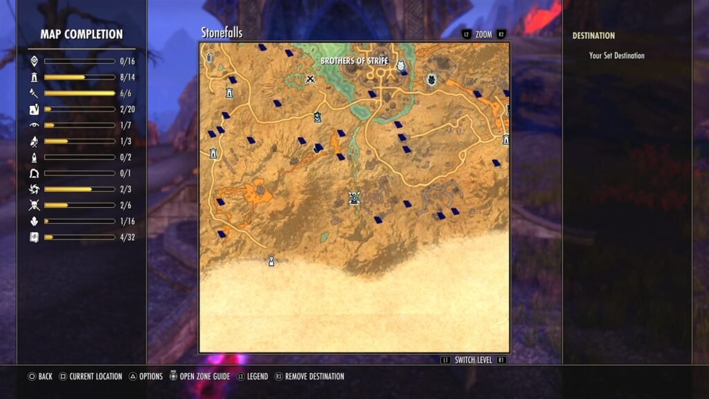 Screenshot showing the location of Brothers of Strife in Stonefalls in The Elder Scrolls Online.