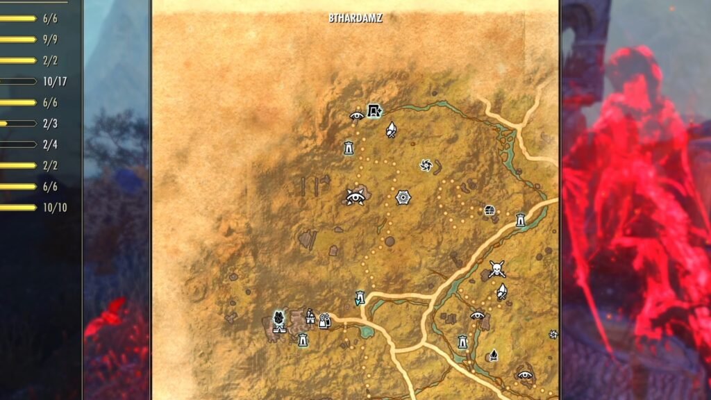 Screenshot showing the location of the Bthardamz Striking Locale in The Reach in The Elder Scrolls Online.