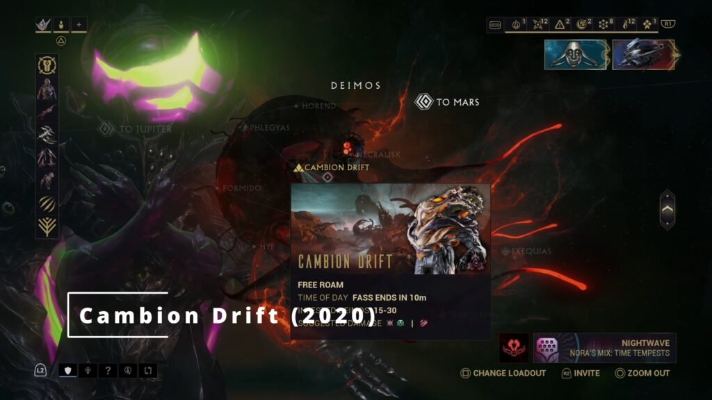 Screenshot of the Deimos Star Chart in Warframe, highlighting the Cambion Drift Free Roam area.