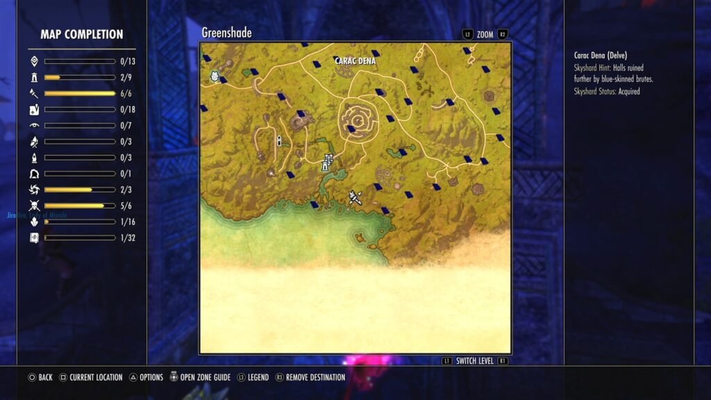 Screenshot showing the location of Carac Dena Delve in Greenshade in The Elder Scrolls Online.