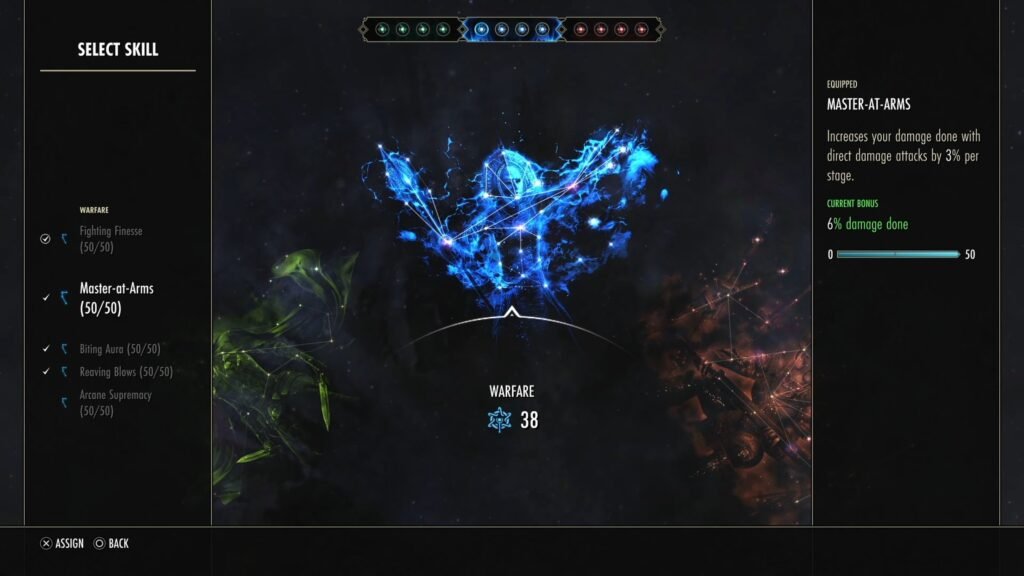 Screenshot of the Warfare Champion Point Tree in The Elder Scrolls Online, highlighting the Champion Ability Master-at-Arms.