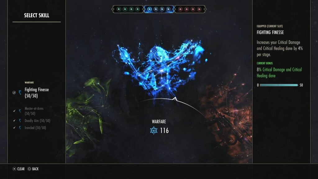 Screenshot of the Warfare Champion Tree in The Elder Scrolls Online, showing the slotted abilities.