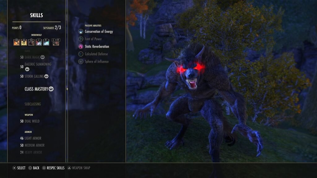 Screenshot of the Sorcerer Class Mastery screen in The Elder Scrolls Online with a player Werewolf in the background.