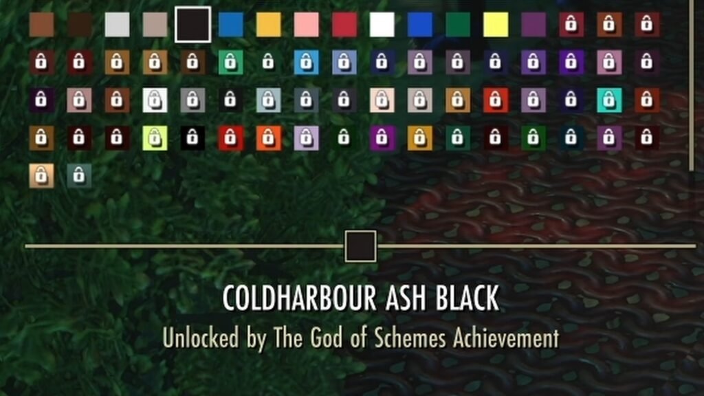 Screenshot of Coldharbour Ash Black in the Dyes screen of the Outfit Station in The Elder Scrolls Online.