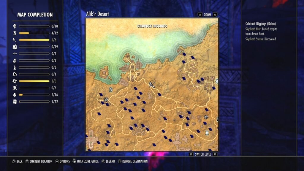 Screenshot showing the location of Coldrock Diggings Delve in Alik'r Desert in The Elder Scrolls Online.