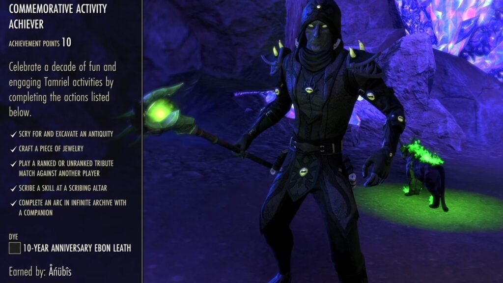 Screenshot of the Commemorative Activity Achiever achievement in The Elder Scrolls Online, with a character wearing Ebon Leather Black in the background.