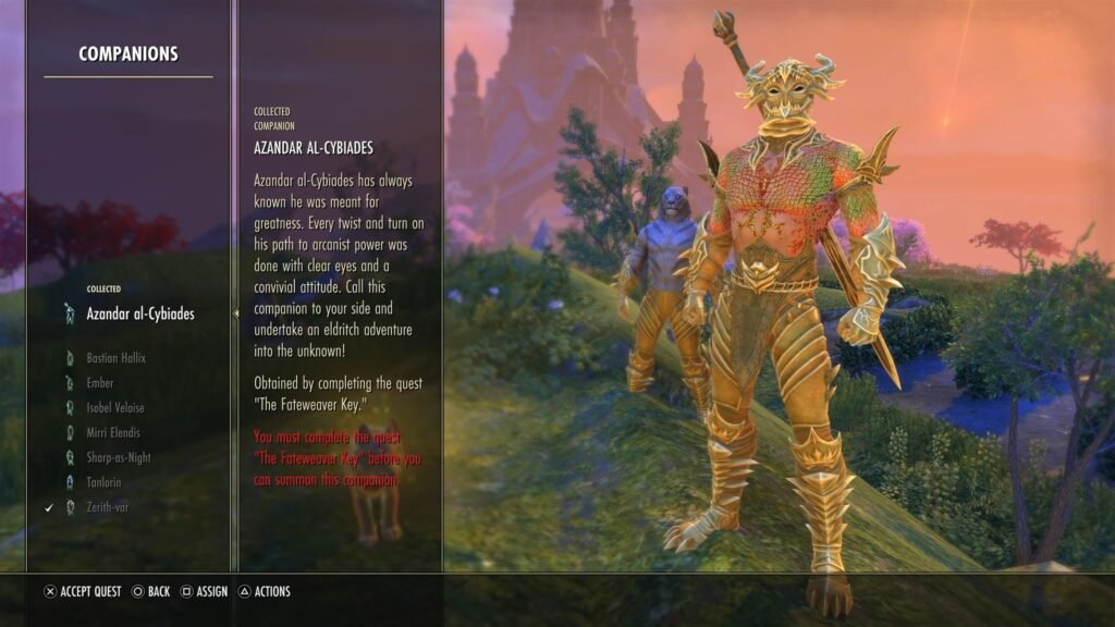 Screenshot of the Companions screen in the ESO Collections menu, highlighting the tooltip for Azandar al-Cybiades.