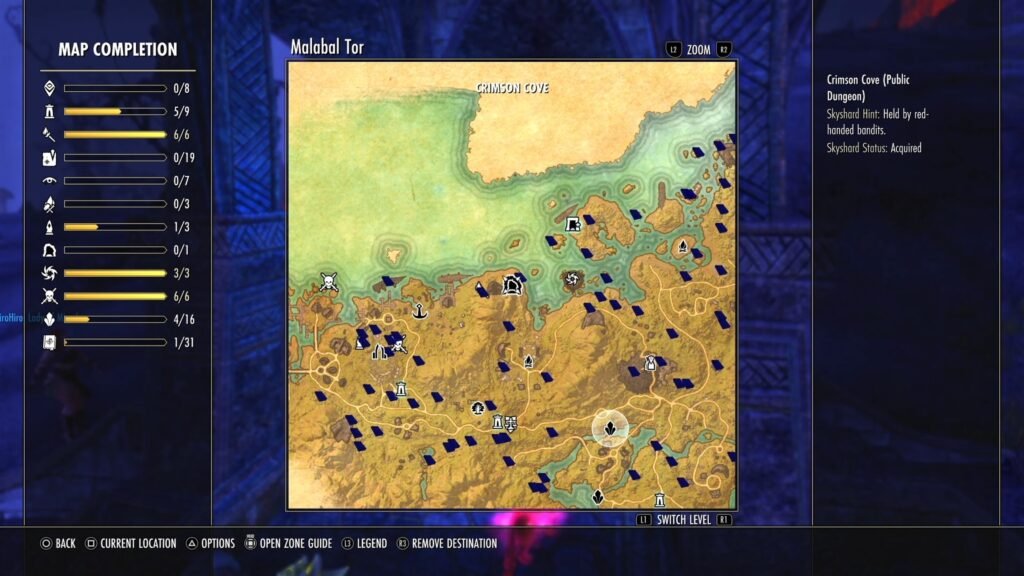 Screenshot showing the location of Crimson Cove Public Dungeon in Malabal Tor in The Elder Scrolls Online.