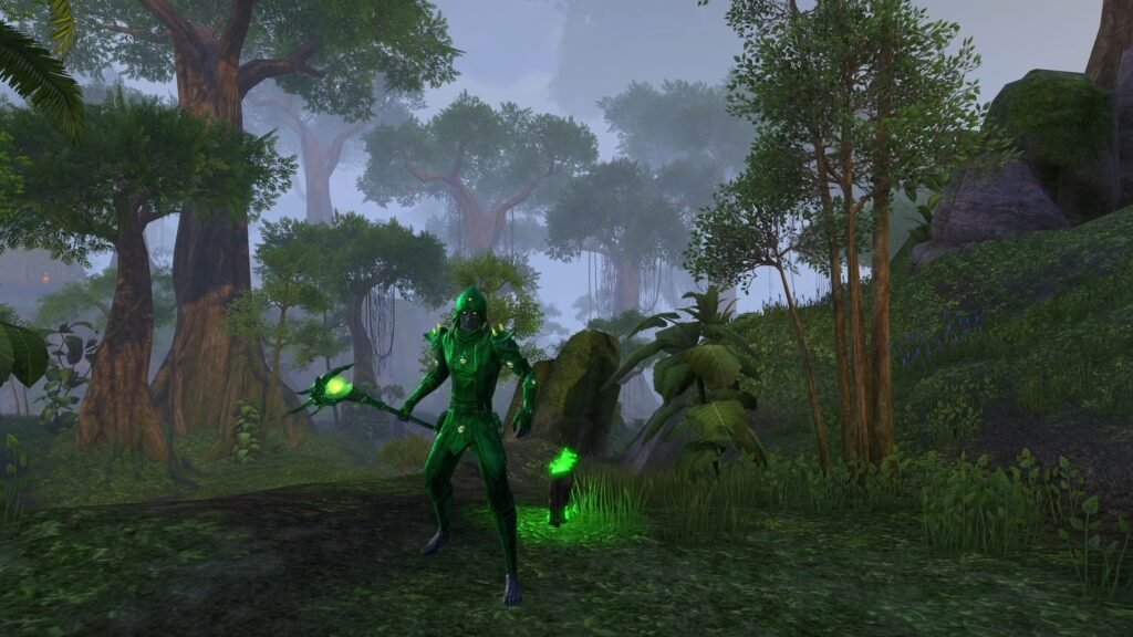 Screenshot showing an Arcanist character in The Elder Scrolls Online wearing the Darkstorm Emerald Dye, with a forested location in Grahtwood in the background.