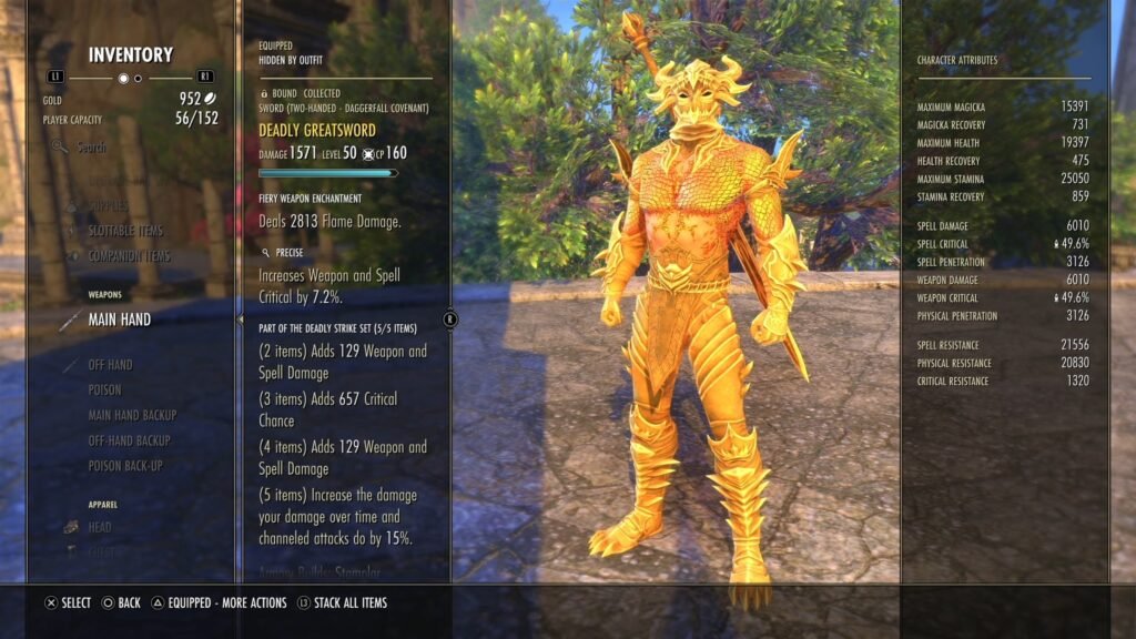 Image of a High Elf character in The Elder Scrolls Online, highlighting the equipped weapon, a Deadly Strike Greatsword.