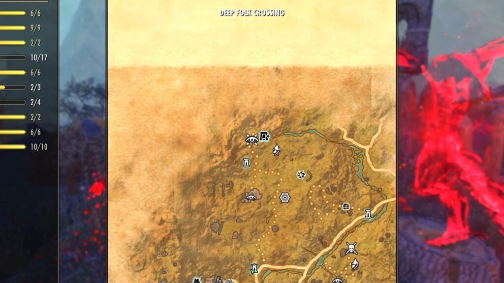 Screenshot showing the location of the Deep Folk Crossing Striking Locale in The Reach in The Elder Scrolls Online.