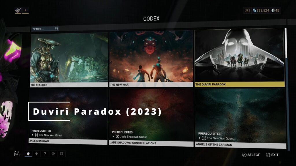 Screenshot of "The Duviri Paradox" quest in the Warframe Codex.