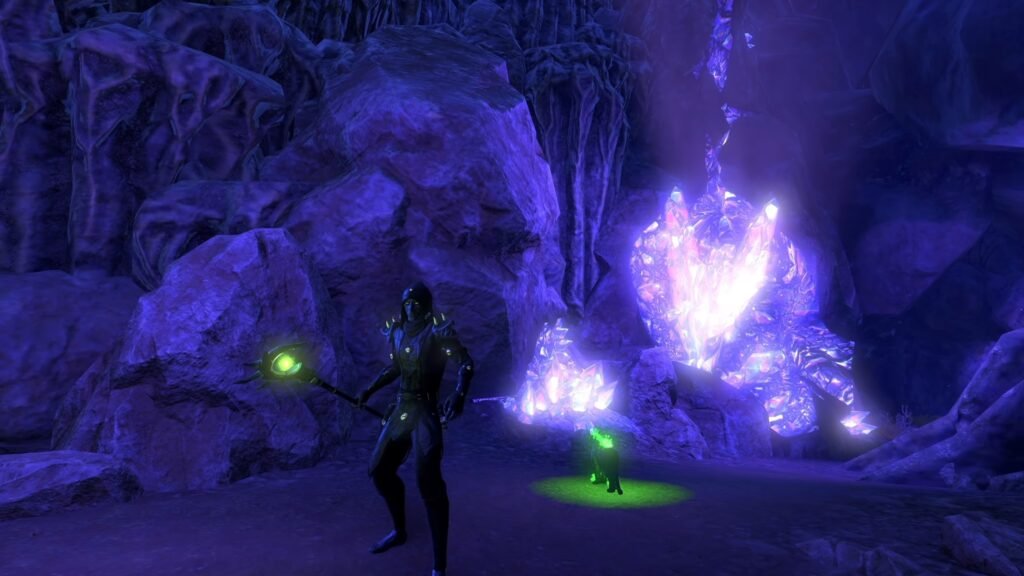 Screenshot of an Arcanist character wearing Ebon Leather dye in Blackreach in The Elder Scrolls Online.