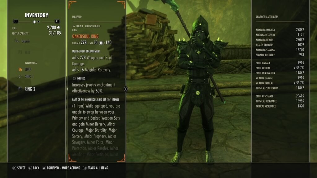 Screenshot of the tooltip for the Oakensoul Mythic Ring in The Elder Scrolls Online, with an Arcanist character in the background.