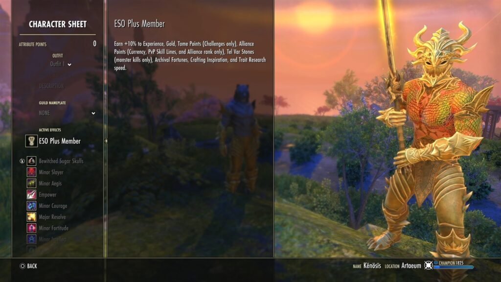 Screenshot showing the ESO Plus Member active effect in The Elder Scrolls Online Character sheet, with a golden-colored character in the background.