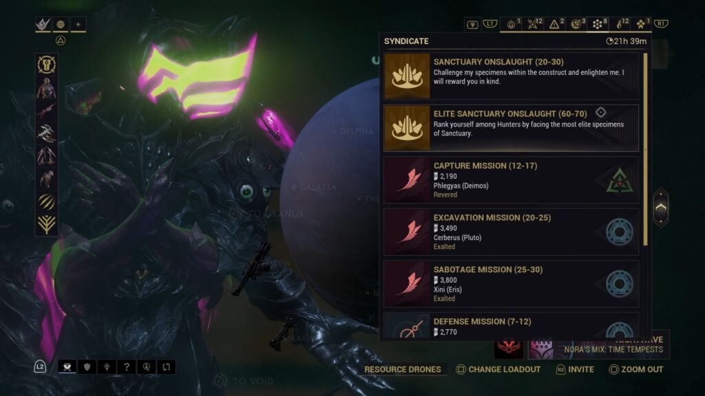 Screenshot of the Star Chart in Warframe, highlighting Elite Sanctuary Onslaught (ESO) in the Syndicate section.