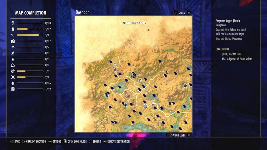 Screenshot showing the location of Forgotten Crypts Public Dungeon in Deshaan in The Elder Scrolls Online.