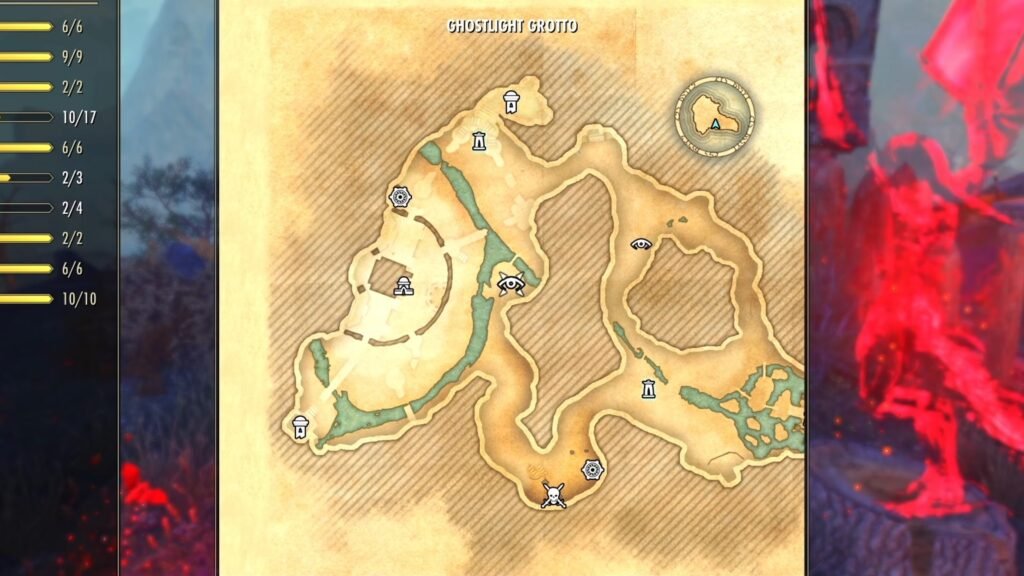 Screenshot showing the location of the Ghostlight Grotto Striking Locale in The Reach in The Elder Scrolls Online.