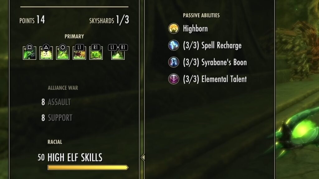 The Passive Skills for the High Elf Race in The Elder Scrolls Online, featuring Spell Recharge, Syrabane's Boon, and Elemental Talent.