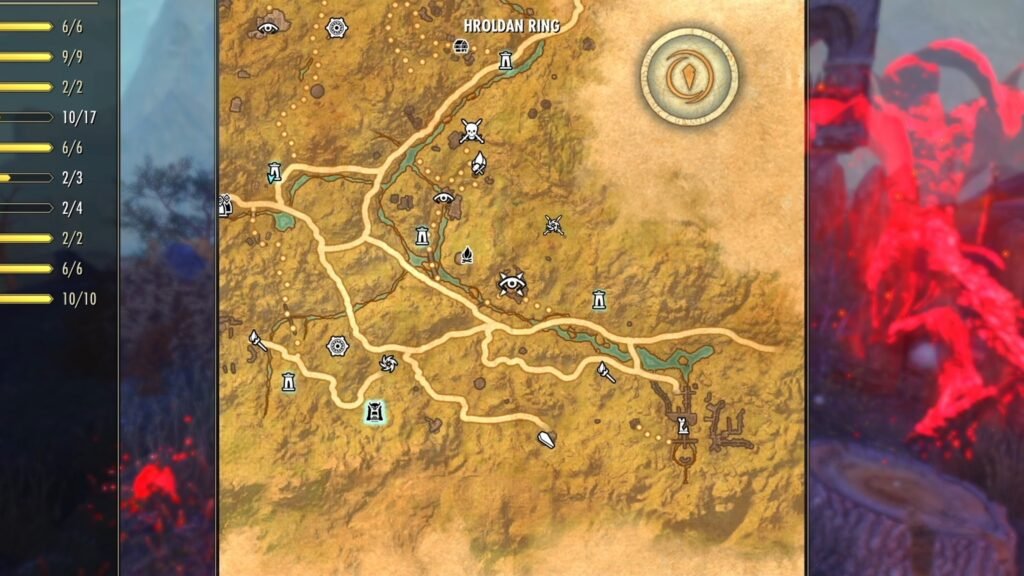 Screenshot showing the location of the Hroldan Ring Striking Locale in The Reach in The Elder Scrolls Online.