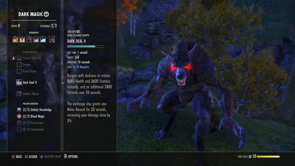 Screenshot of the Dark Magic Sorcerer skills screen in The Elder Scrolls Online with a player Werewolf in the background.