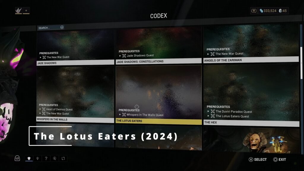 Screenshot of "The Lotus Eaters" quest in the Warframe Codex.