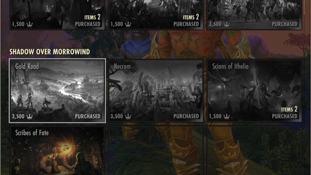 Screenshot of the Shadow Over Morrowind Chapter in the Elder Scrolls Online Crown Store, highlighting the Gold Road DLC.