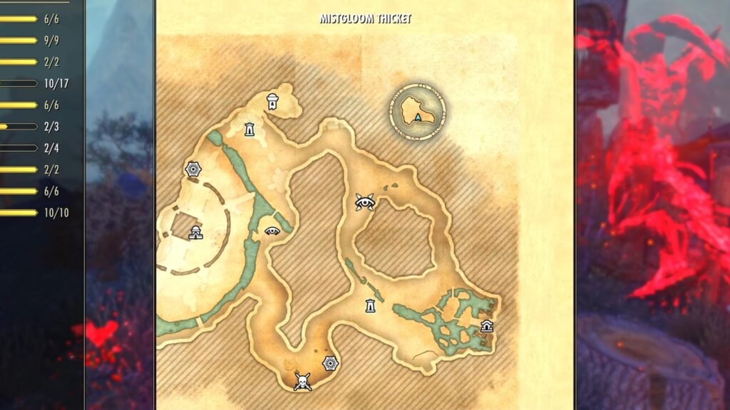 Screenshot showing the location of the Mistgloom Thicket Striking Locale in The Reach in The Elder Scrolls Online.
