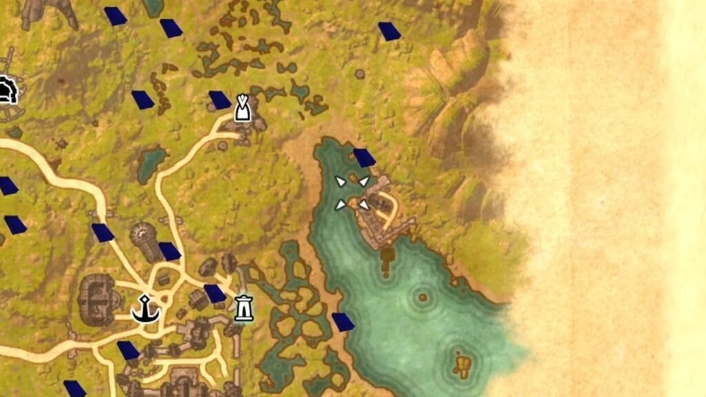 Screenshot showing the location of a beach with an abundance of Mudcrabs east of Haven in Grahtwood in The Elder Scrolls Online.