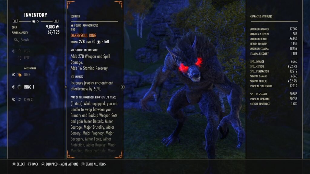 Screenshot of the Inventory menu in The Elder Scrolls Online, focusing on the Oakensoul Ring.