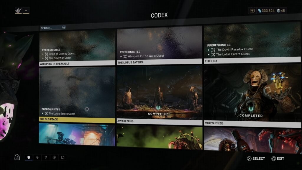 Screenshot of "The Old Peace" quest in the Warframe Codex.