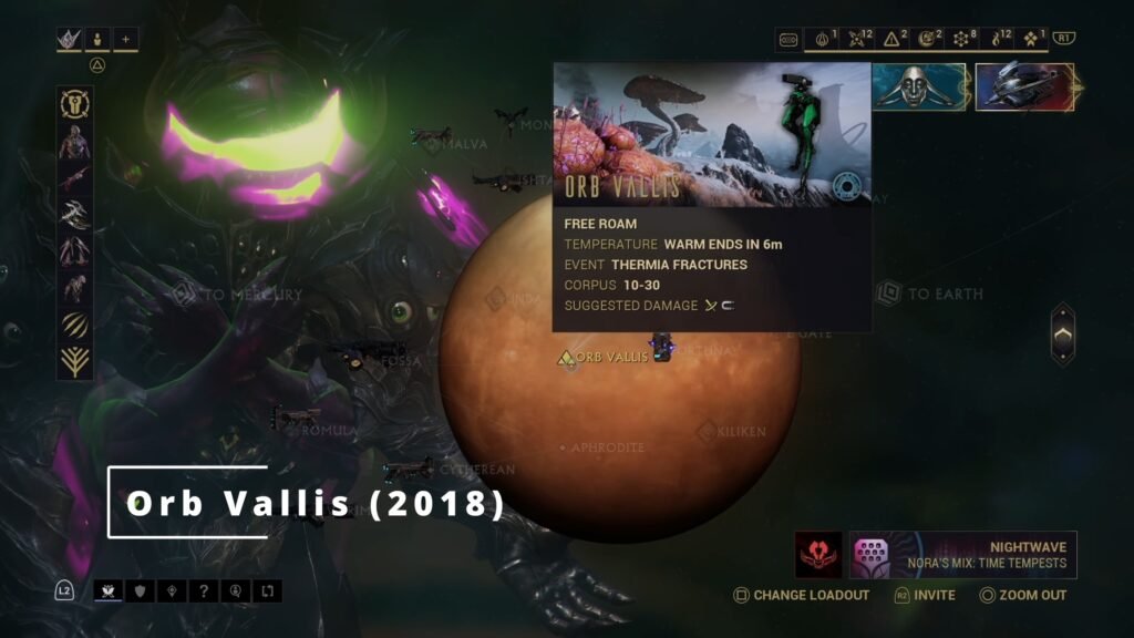 Screenshot of the Venus Star Chart in Warframe, highlighting the Orb Vallis Free Roam area.