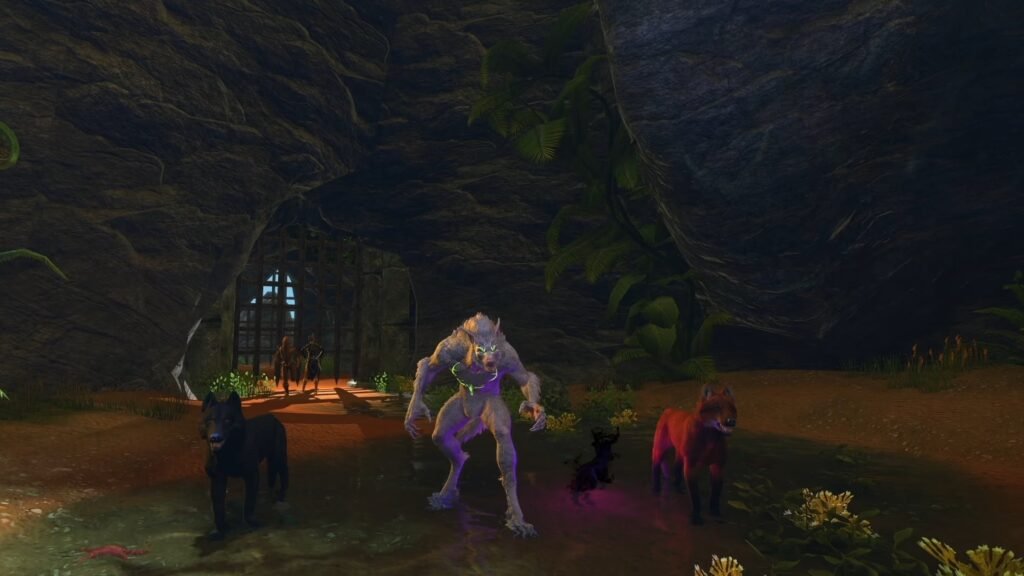 Screenshot showing a Pack Leader Werewolf with his Dire Wolf summons near the entrance of Crimson Cove Public Dungeon in The Elder Scrolls Online.
