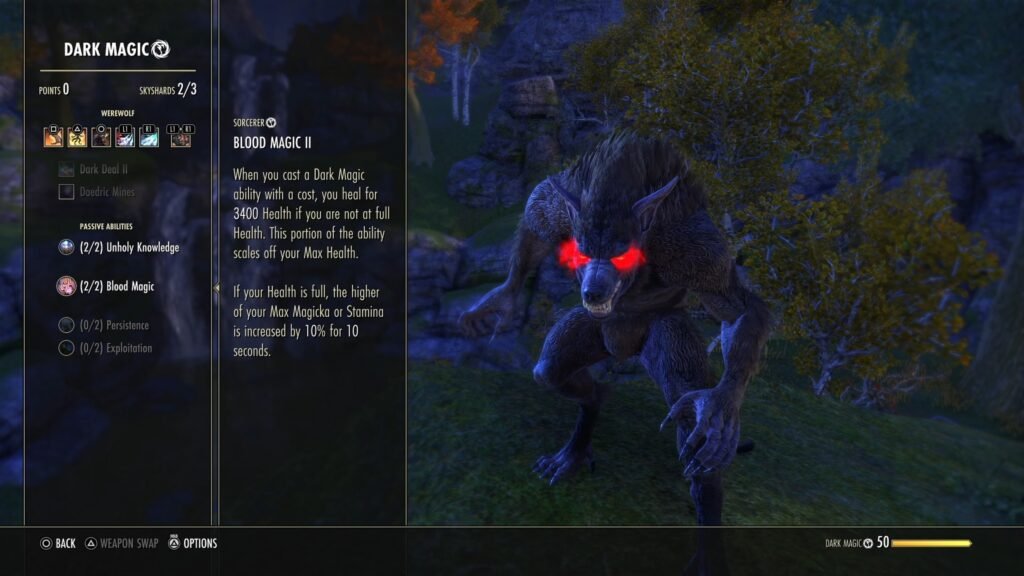 Screenshot of the tooltip of the Sorcerer passive skill Blood Magic in The Elder Scrolls Online with a player Werewolf in the background.