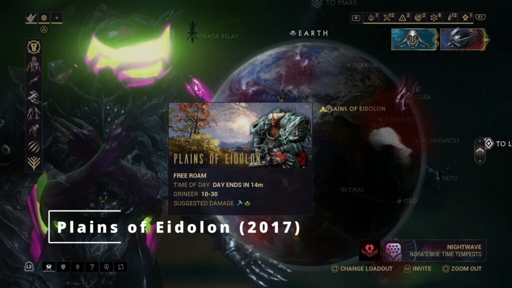 Screenshot of the Earth Star Chart in Warframe, highlighting the Plains of Eidolon Free Roam area.
