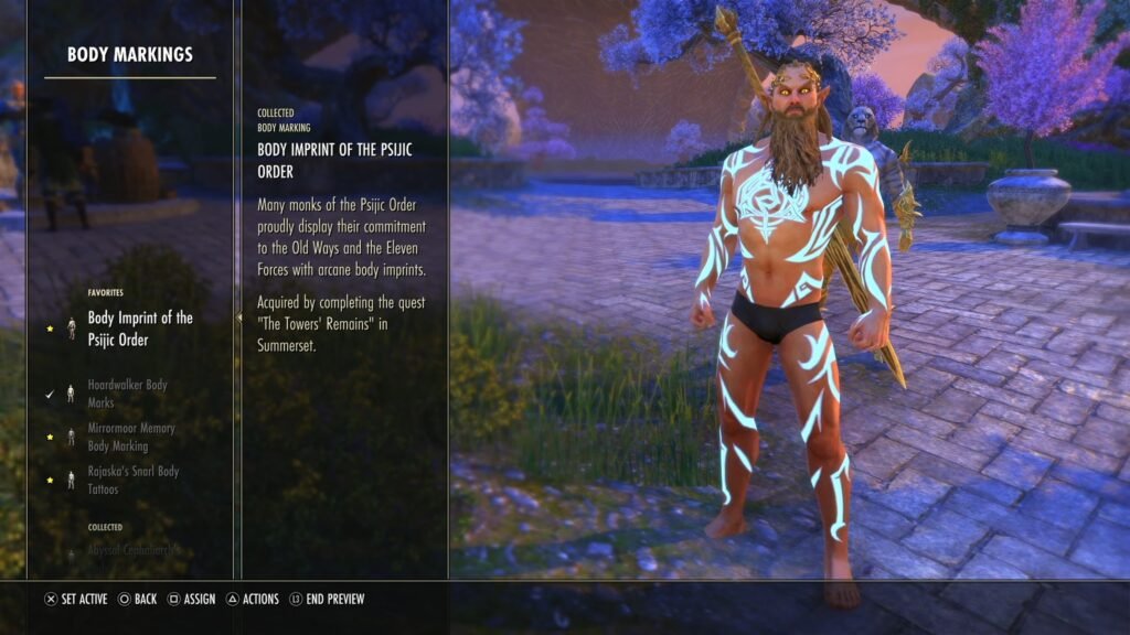 Screenshot of a character wearing the Body Imprint of the Psijic Order Body Marking cosmetic in The Elder Scrolls Online.