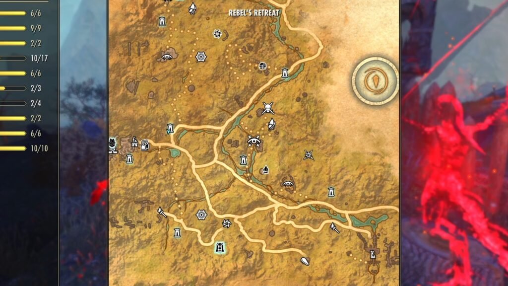 Screenshot showing the location of the Rebel's Retreat Striking Locale in The Reach in The Elder Scrolls Online.